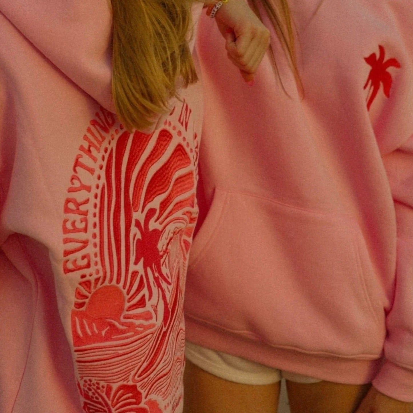 Embroidered Pink Palm Puff Everything Comes in Waves Oversized Hoodie
