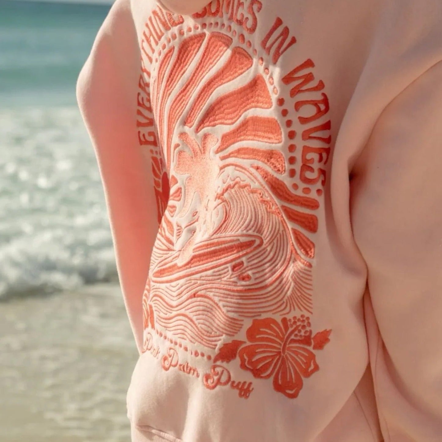 Embroidered Pink Palm Puff Everything Comes in Waves Oversized Hoodie