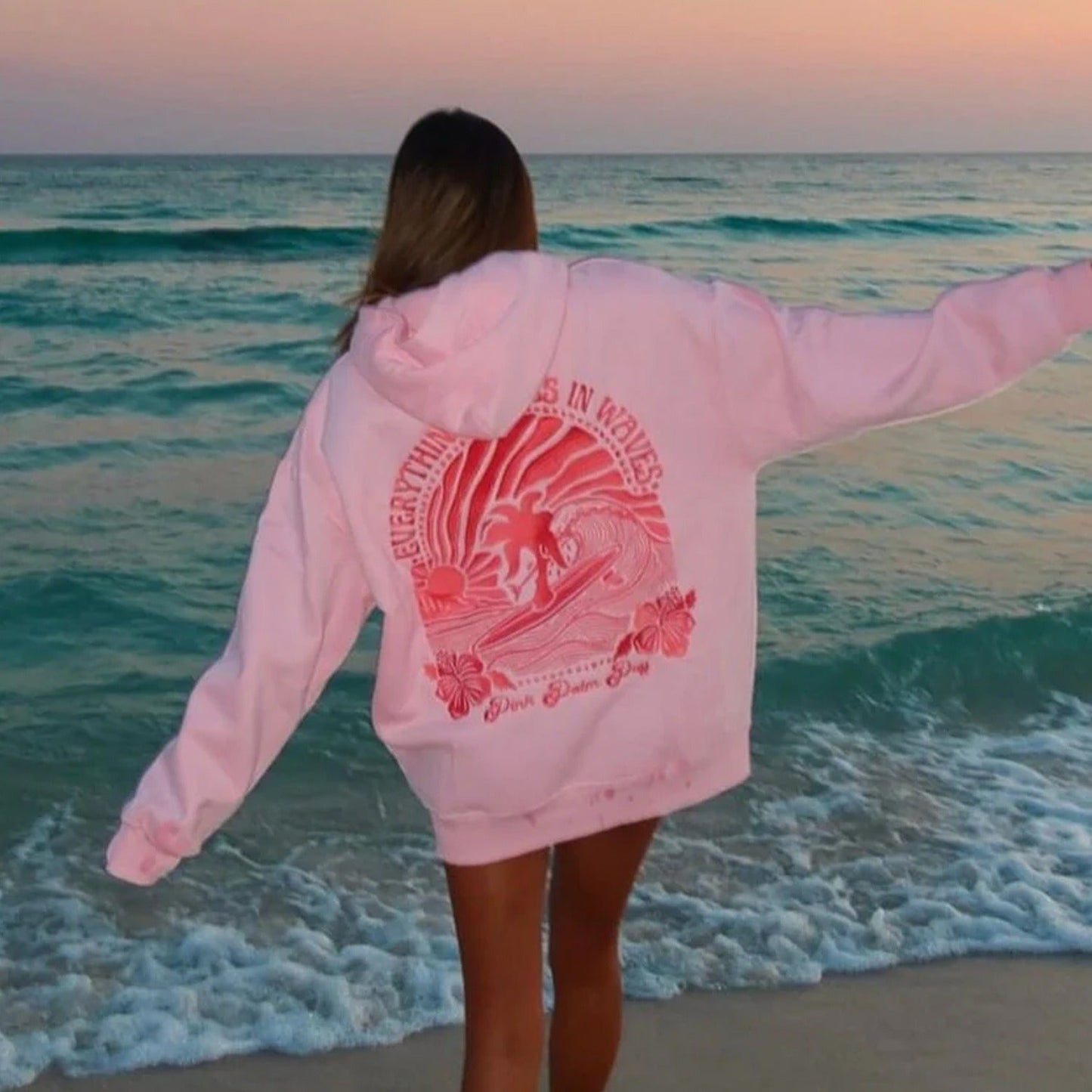 Embroidered Pink Palm Puff Everything Comes in Waves Oversized Hoodie