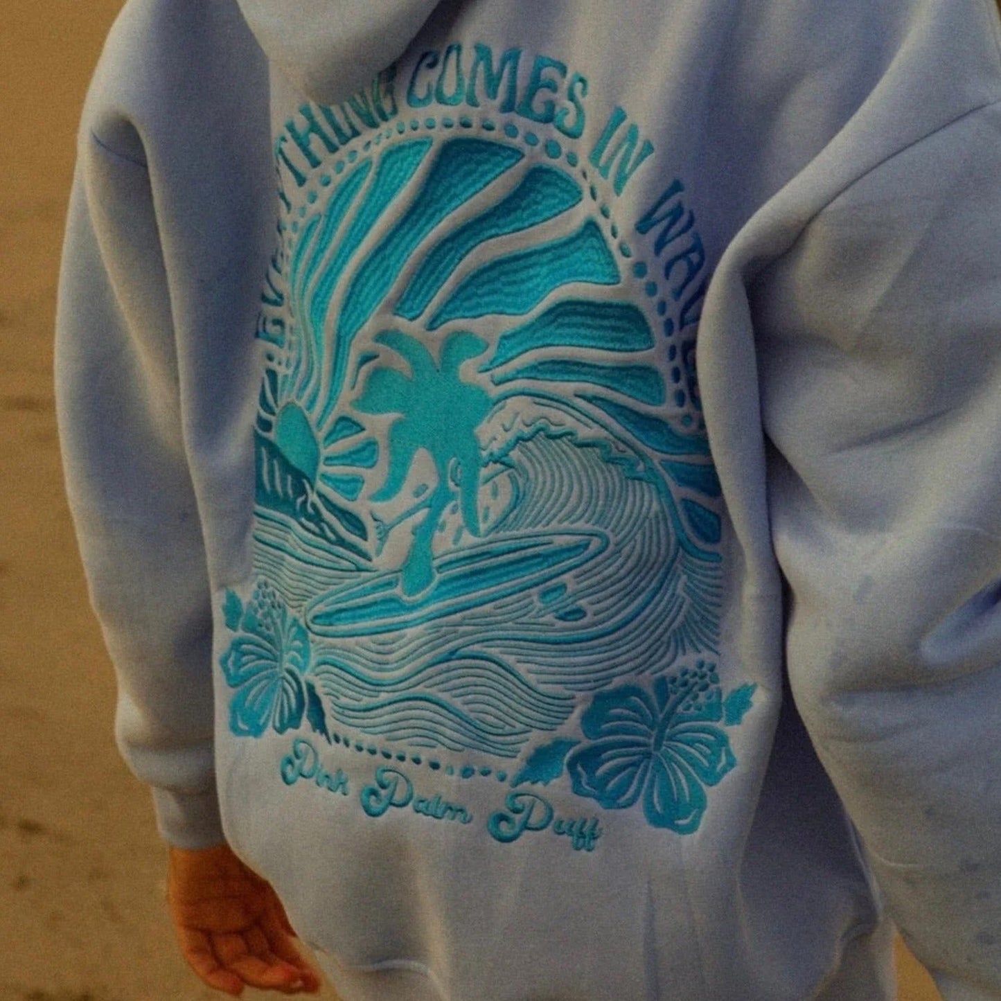 Embroidered Pink Palm Puff Everything Comes in Waves Oversized Hoodie