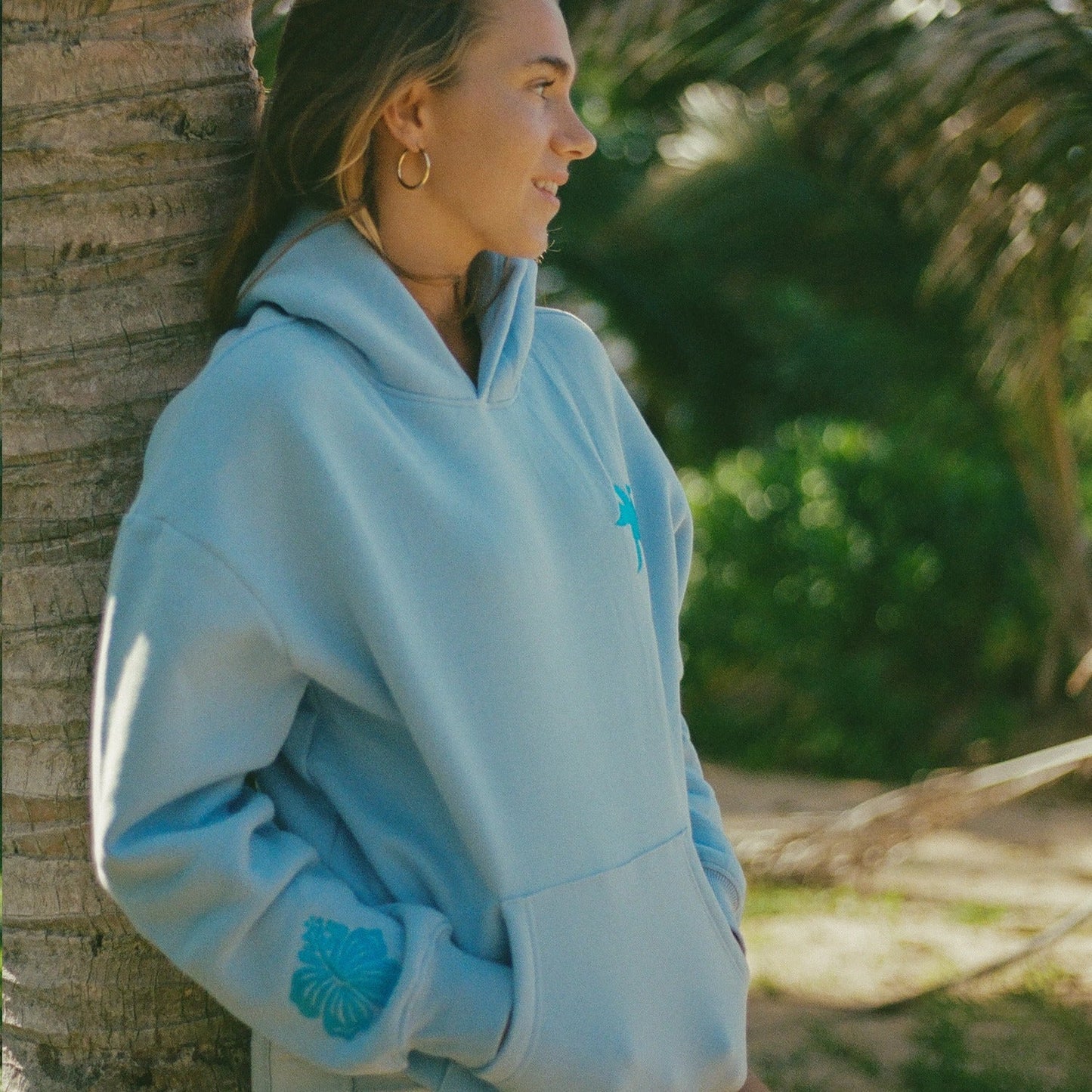 Embroidered Pink Palm Puff Everything Comes in Waves Oversized Hoodie