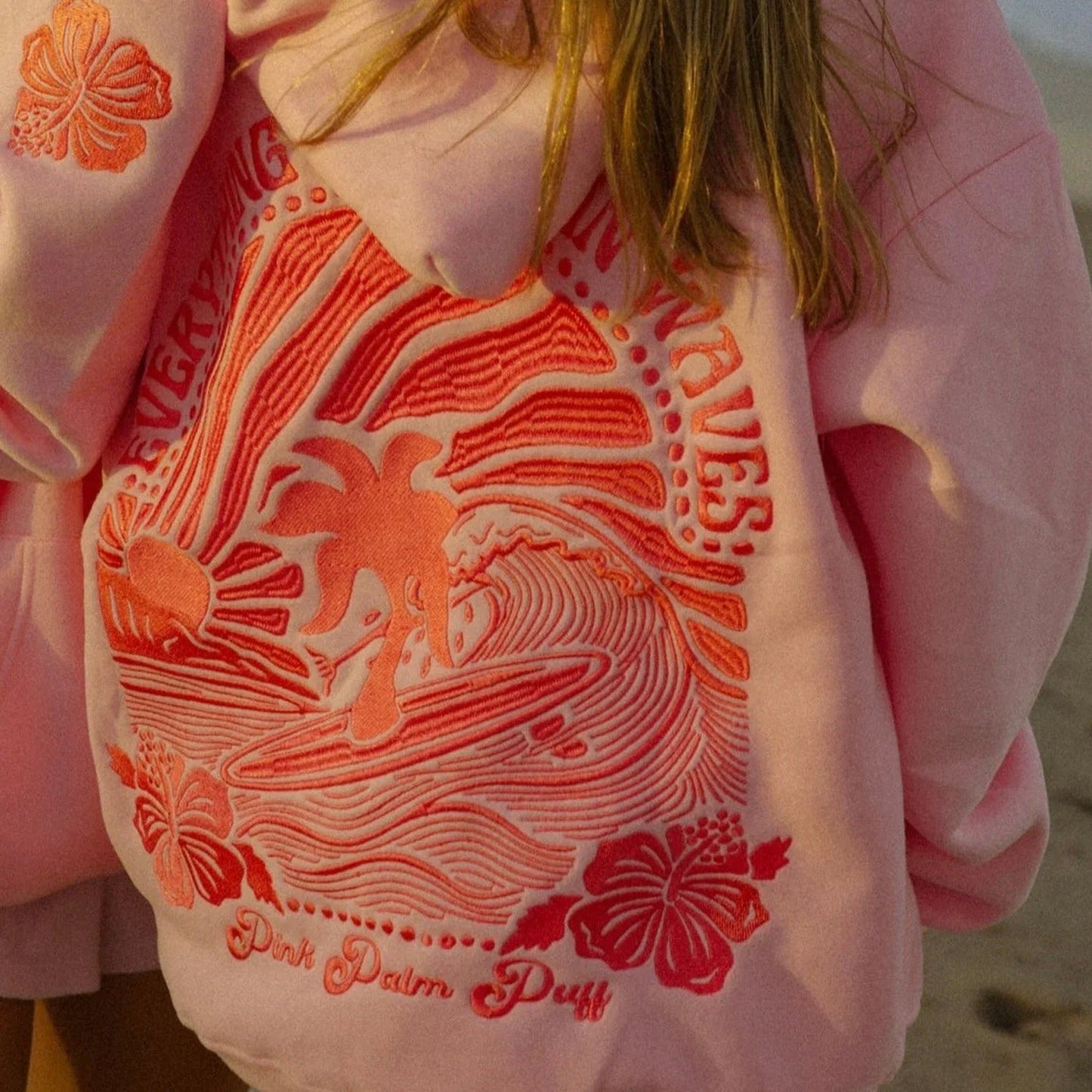 Embroidered Pink Palm Puff Everything Comes in Waves Oversized Hoodie
