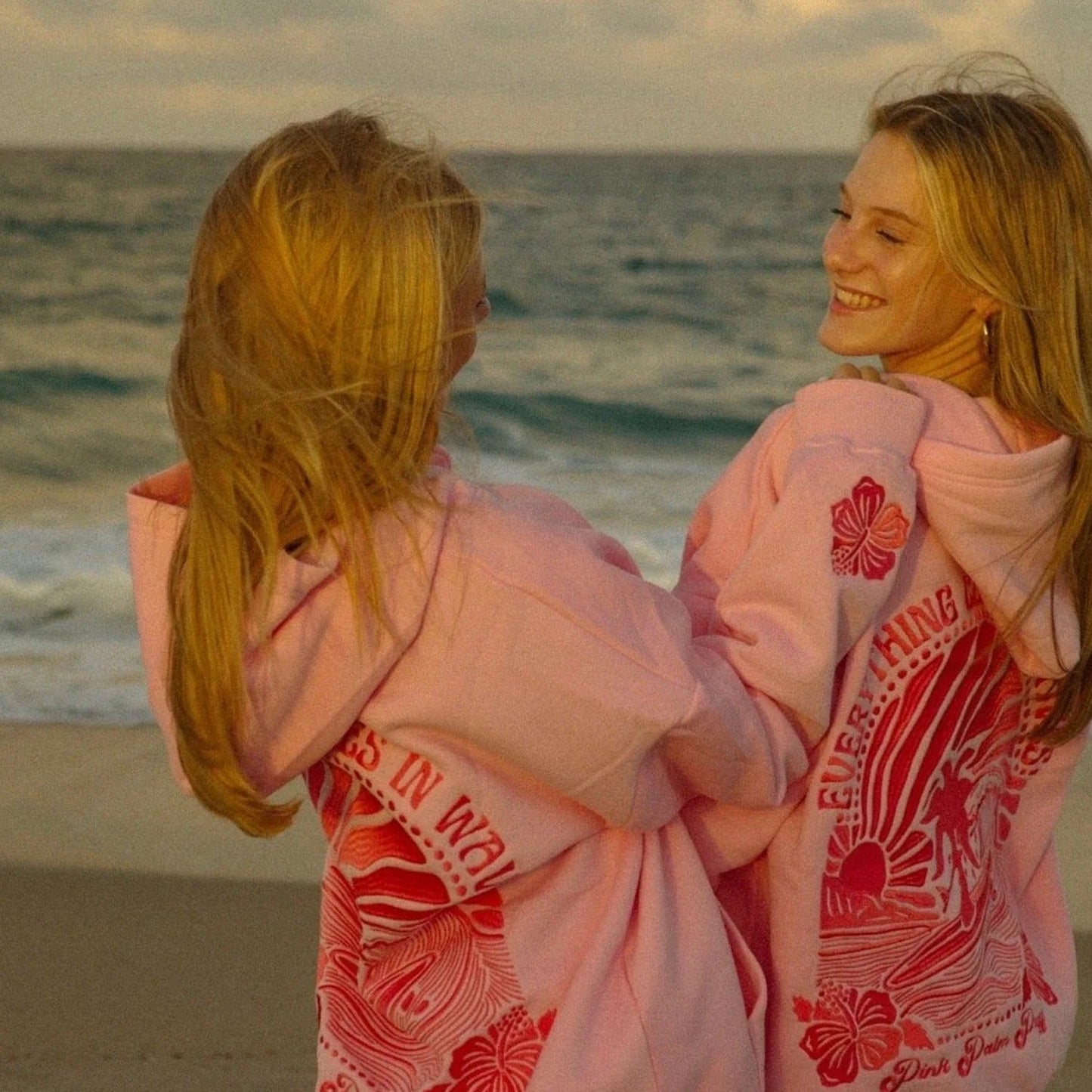 Embroidered Pink Palm Puff Everything Comes in Waves Oversized Hoodie