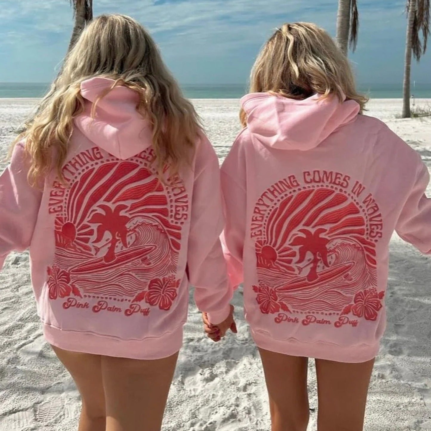 Embroidered Pink Palm Puff Everything Comes in Waves Oversized Hoodie