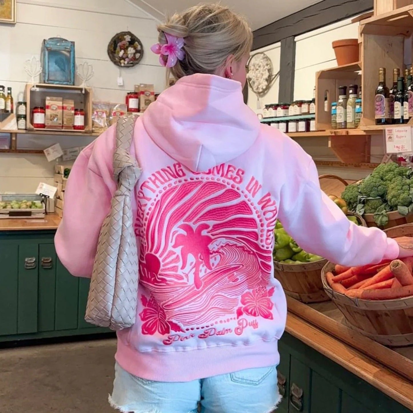 Embroidered Pink Palm Puff Everything Comes in Waves Oversized Hoodie