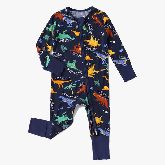 Baby Bamboo Pajamas Convertible Zipper Footie Pajamas Romper Dinosaur Print